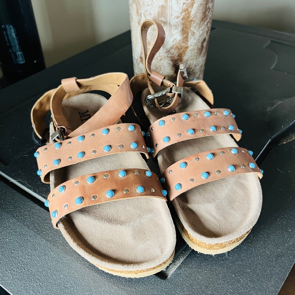 Myra Bag Tan Turquoise Leather Sandals with Blue Studs Size 8
